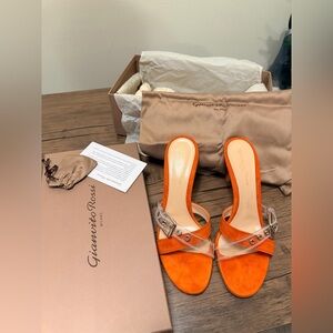 Gianvito Rossi 85MM Flexi buckle Mule Sandal in Suede Orange- Sz 7.5